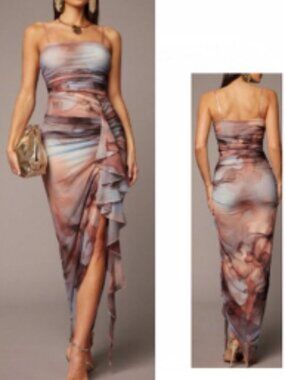 New Multicolor Asymetrical Mesh ruffled Dress Small
